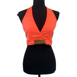 BEBE neon coral peach pink halter crop top open back Sz M NWOT